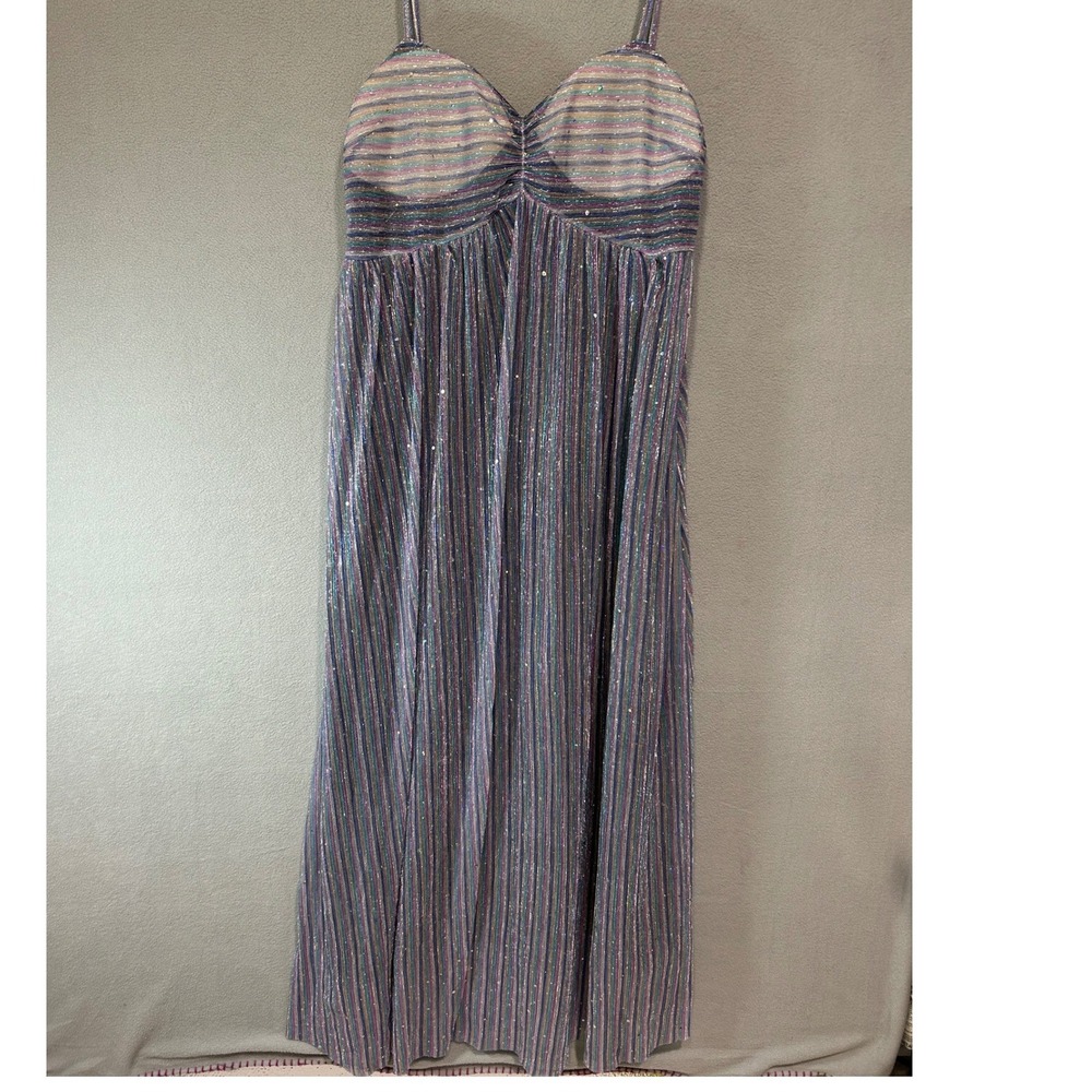 Metallic Striped Maxi Dress Women XL Multicolor Pleated Glitter Flowy Shimmer‎